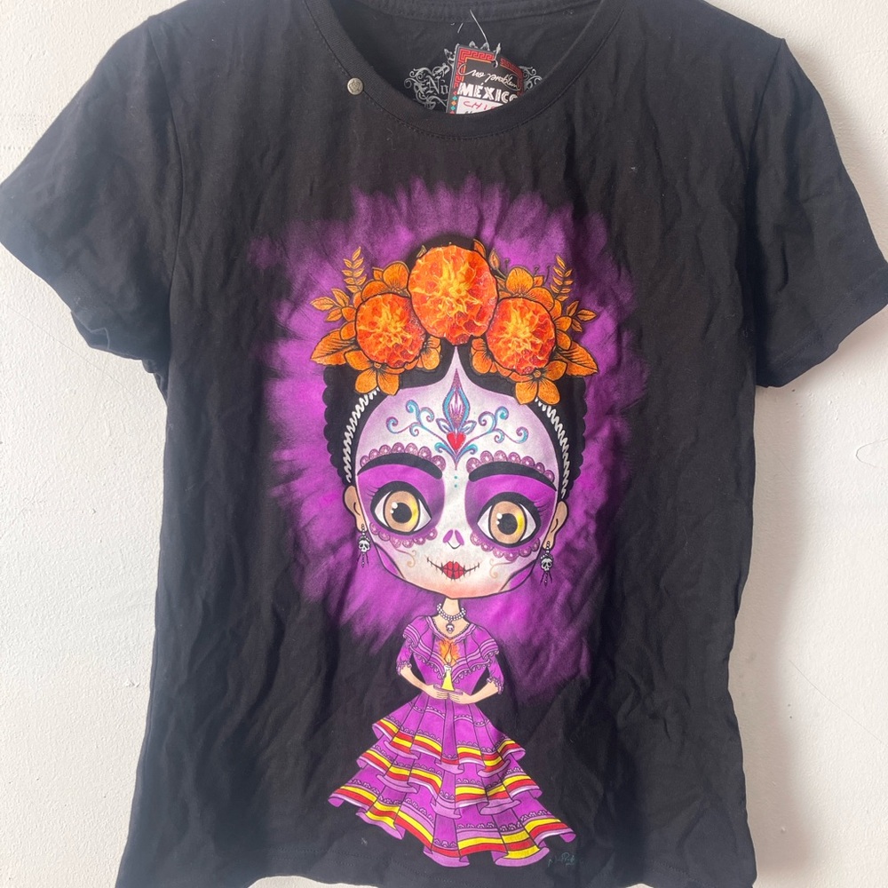 Kids Black and Purple Tee with Day of the Dead Art